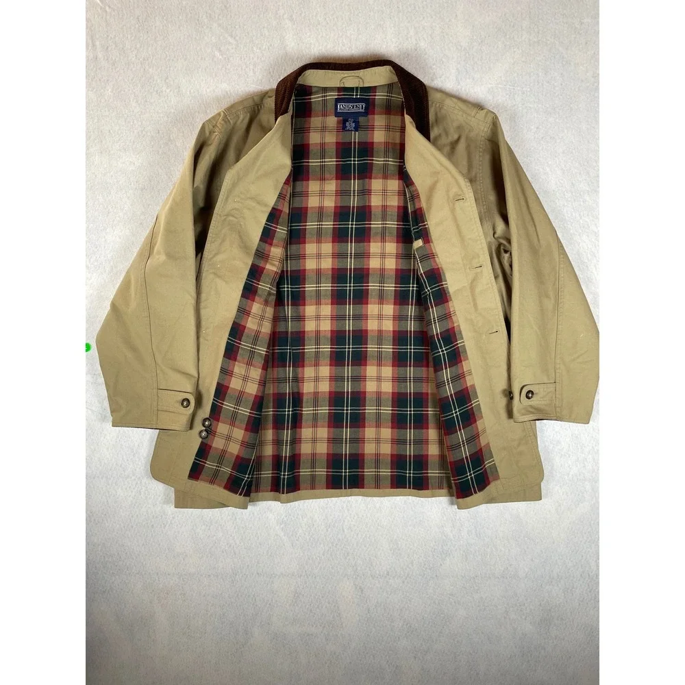 Lands End Mens Khaki Chore Barn‎ Field Jacket Corduroy Collar Plaid Lined XXL